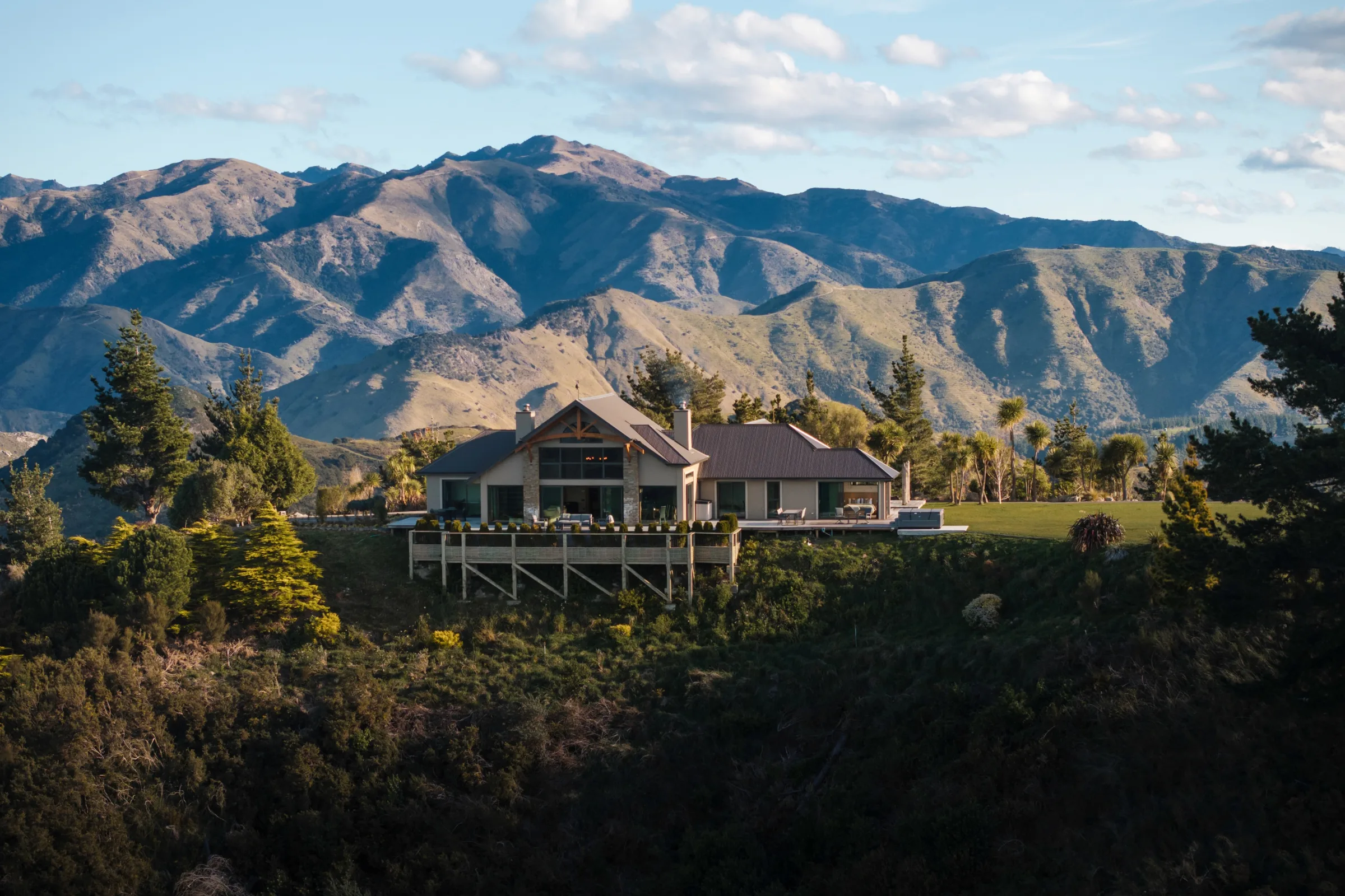 Aerial view of Ata Rangi Lodge above the Kaikōura Peninsula